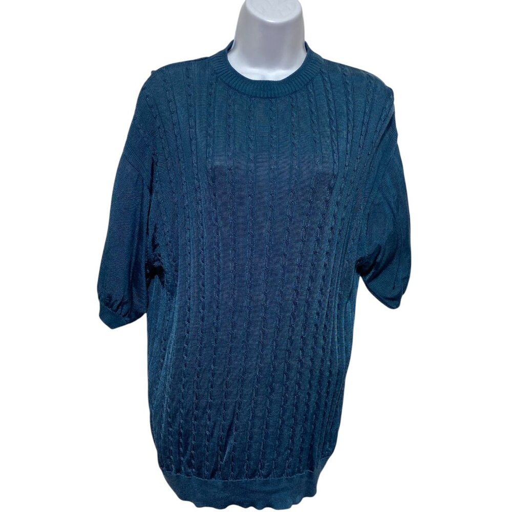Women's Size Medium Pullover Blue Sweater Short Sleeve Design By-Irvine Park